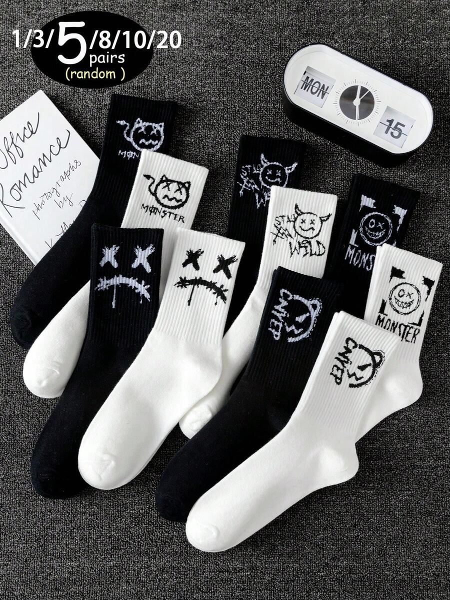 1/3/5/8/10/20 Pairs Random Ghost Face Versatile Mid-Calf Socks, Multi-Pack, All Seasons, Fall - Multicolor - View 1