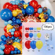 Bộ 136 bóng bay trang trí chủ đề rạp xiếc, bao gồm bóng bay cao su màu đỏ, vàng, xanh đậm, xanh nhạt và bóng bay kim tuyến. Hoàn hảo cho các bữa tiệc sinh nhật, tiệc mừng em bé, trang trí ngoài trời và các bữa tiệc lễ hội theo chủ đề rạp xiếc. - Nhiều màu - Xem 6