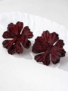 2pcs Exaggerated Metal Dark Red Oversized Flower Stud Earrings For Women, Suitable For Parties, Valentine's Day, Gatherings, Vacation, Beach, Spring/Summer New Arrivals - Dark Red - View 4