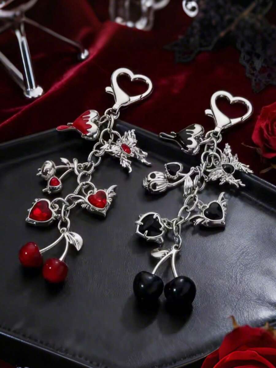 1个精美樱桃心形蝴蝶珐琅钥匙扣 Y2k新哥特植物爱情钥匙圈 女士女孩精美礼物 手工饰品 - 鑰匙鏈 - 查看 1