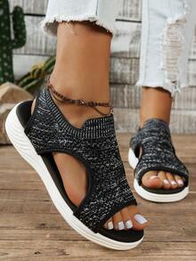 New Casual Plus Size Women Sports Sandals, Lightweight Slip-On Comfortable Fashion Mesh Breathable Flat Beach Sandals, Thick Sole Platform Wedge Shoes, Stylish Holiday Shoes (Run Small Size) - Black and White Flowers - View 3