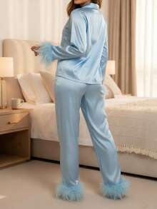 Womens 2 Piece Satin Lounge Set, Long Sleeve Button Up Pajama Shirt  Pants Sleepwear - Blue and White - View 7