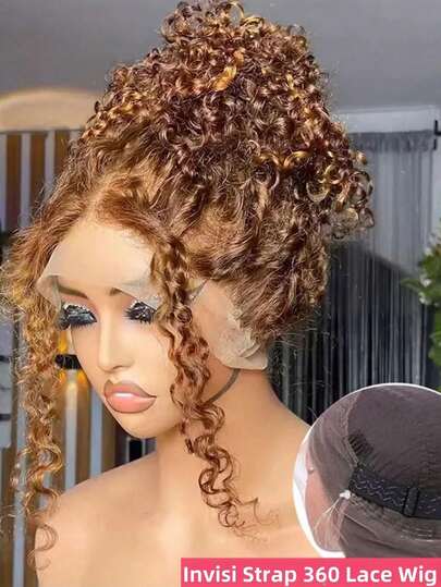 Honey Blonde 360 Lace Front Wigs Human Hair Invisi Strap Ombre Highlight Deep Wave Lace Front Wigs Human Hair Pre Plucked 250 Density Ombre Honey Blonde 360 Lace Front Wigs Human Hair Invisi Strap Highlight Deep Wave Lace Front Wigs Human Hair 250 Density 360 HD Frontal Glueless Wigs  Curly Full Lace Frontal Wigs