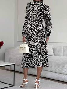 Vestido midi de línea A elegante y retro, vestido de fiesta con estampado de cebra, cuello en V, manga larga y bajo asimétrico para mujer, tela sin estiramiento - Multicolor - Ver 7