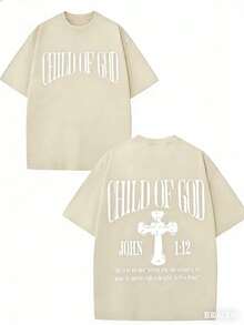 GLEC Child Of God, God Blesses You Classic Retro Fashion Street Cross Jesus Popular Letter Pattern 230g Washed Cotton T-Shirt Men's Summer HighQuality - 杏色 - 查看 1
