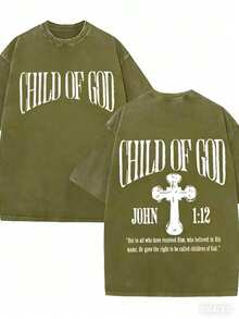 GLEC Child Of God, God Blesses You Classic Retro Fashion Street Cross Jesus Popular Letter Pattern 230g Washed Cotton T-Shirt Men's Summer HighQuality - 橄欖綠 - 查看 1