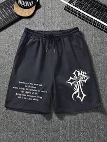 Men's Casual Versatile English Slogan & Cross Print Shorts, Spring/Summer