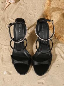 On feet& in love 女士时尚优雅圆头简约绑带水钻链条露趾细高跟凉鞋，百搭连衣裙 - 黑色 - 查看 6