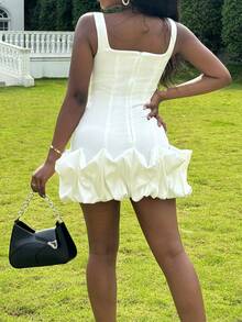 Women's Sleeveless Square Neck Zipper Back Fashion Party Mini White Elegant Dress, Bridal Shower Dress Wedding Dress White Dress,Bride - White - View 4