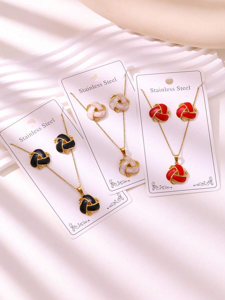 VJS 1 Set Fashion French Drip Glaze Triangle Necklace & Earrings Set, 304 Stainless Steel Material, Waterproof & Rust-Proof, Multiple Colors Available, Suitable For Daily Wear And Gift