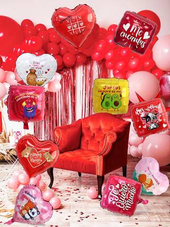 6个18英寸西班牙爱情图案铝箔气球，款式多样，适合情人节派对装饰、求婚、新婚装饰、浪漫派对、单身派对、生日、周年纪念、情人节室内装饰