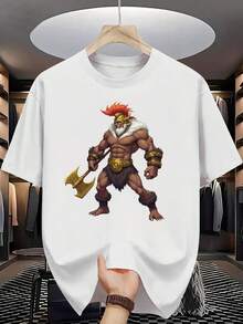 Camiseta de Algodón 100% para Hombre - Manga Corta, Cuello Redondo, Estampado Digital, Cómoda para Todas las Estaciones, Lavable a Máquina, Ideal para Salidas Diarias, Cuello Redondo, Diseño Circular, Camiseta Casual de Verano T-shirt Silhouetted figure with long hair raised hands wearing a dark textured shirt against a - Blanco - Ver 1
