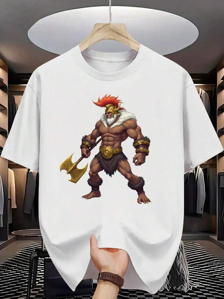 Camiseta de Algodón 100% para Hombre - Manga Corta, Cuello Redondo, Estampado Digital, Cómoda para Todas las Estaciones, Lavable a Máquina, Ideal para Salidas Diarias, Cuello Redondo, Diseño Circular, Camiseta Casual de Verano T-shirt Silhouetted figure with long hair raised hands wearing a dark textured shirt against a - Blanco - Ver 1