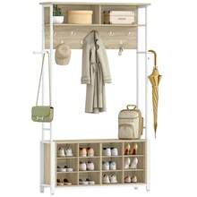 Coat Rack With Shoe Storage, Hall Tree With Bench For Hallway, 14 Open Compartments, Coat Stand With Adjustable Shelves, 13 Hooks, Top Storage For Living Room, Entrence - 白橡木色 - 查看 9