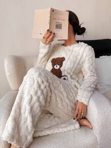 2pcs Women Winter Fleece Pajama Set, Bear Print Long Sleeve Top And Pants, Comfortable Loungewear For Home & Vacation - White - View 2
