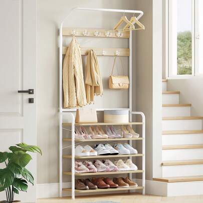 Hzuaneri Coat Stand, Coat Rack With Shoe Storage And Adjustable Shelves, FreeStanding Metal Coat Hall Tree With 9 Hooks, 5 Shelves For Hallway, Living Room, Bedroom, Office, White Oak
