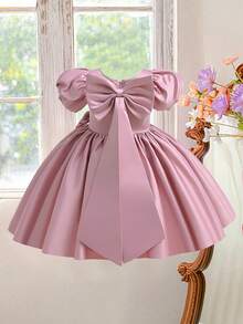 Đầm dạ hội thanh lịch dành cho bé gái, tay phồng, thắt nơ sau lưng, viền ren và chất liệu satin đính hạt, thích hợp cho các buổi lễ kỷ niệm, sinh nhật, tiệc tùng (không bao gồm băng đô). - Bụi hồng - Xem 4