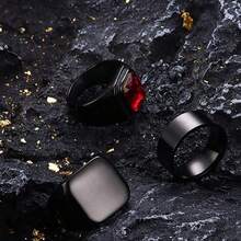 3pcs Men's Signet Ring, Stainless Steel Bicycle Ring, Square Glass Ring, Solid Polished Vintage Ring Set, Size 7-13 - Black 3-piece Ring Set - View 2