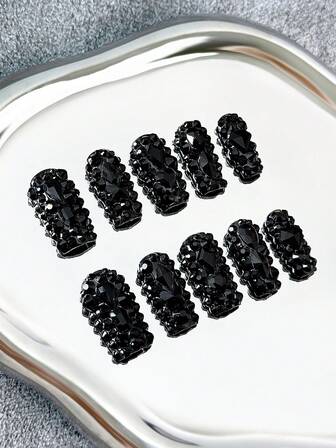 Y2K Square Nails Handmade Press-On Nails With Transparent Tips, Black Rhinestones & Sparkling Full-Coverage 3D Designs - Full Cover DIY Glitter Artificial Nails, False Nails For Parties, Outdoor, Beach, Daily, Holidays, Gatherings, Work & Special Events - 10 Pieces/Bag