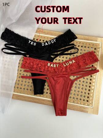 1pc Customized Text Crystal Embellished Tanga Panty, Sexy Lace Patchwork Bikini Panty, Low Waist Hollow Breathable Panty, Personalized Customized Name G-String Panty, Gift For Friends, Lovers, Besties On Valentine's Day, Christmas, Halloween, Thanksgiving, Birthday, Anniversary