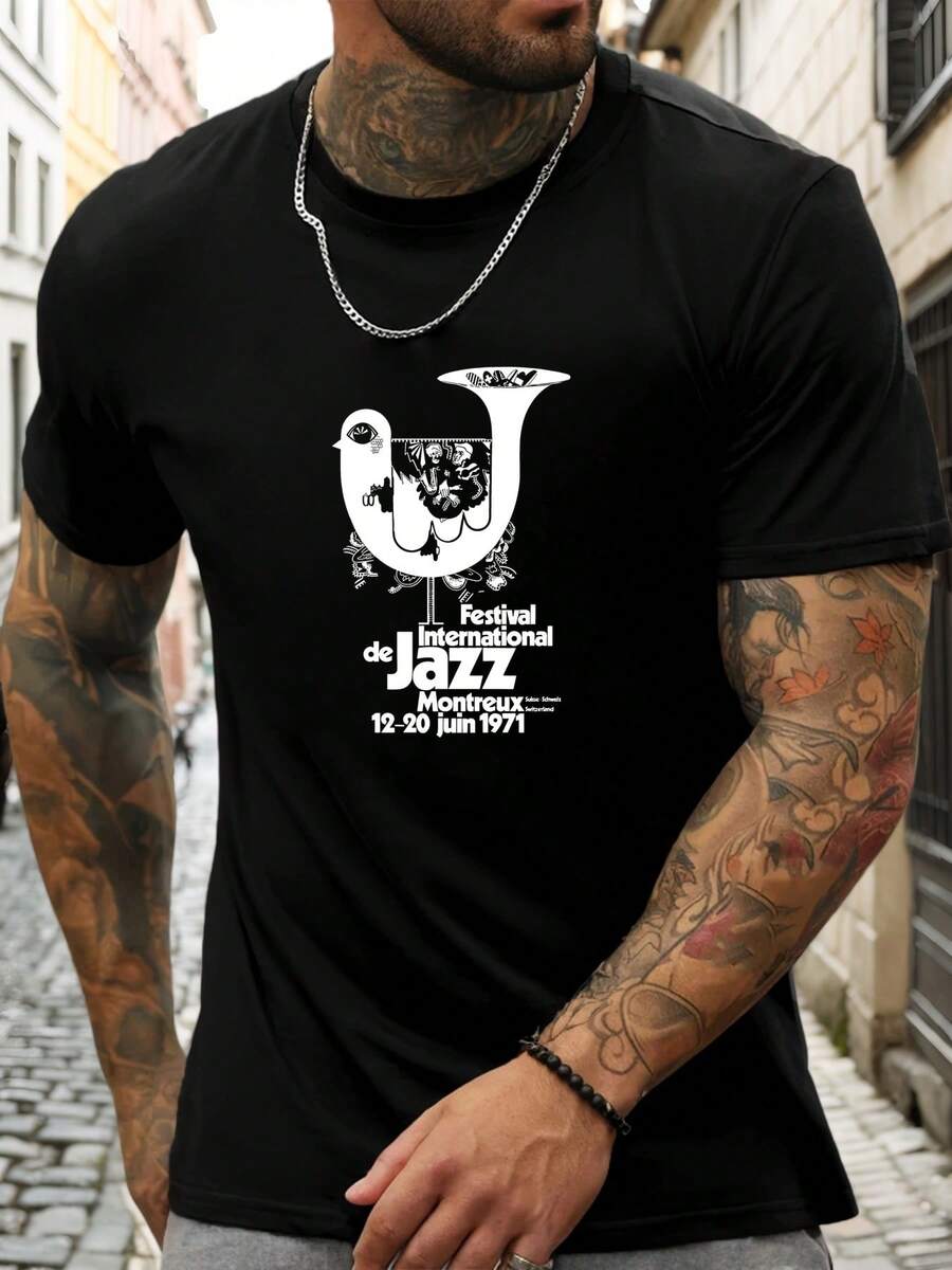 Camiseta Ligera para Festival de Jazz para Hombres - Camiseta de Cuello Redondo Ligera y Transpirable para el Festival de Jazz de Montreux, Conciertos Gris Claro y Uso Diario de Verano - Camiseta Casual para Eventos Musicales para Hombres Adultos - Negro - Ver 1