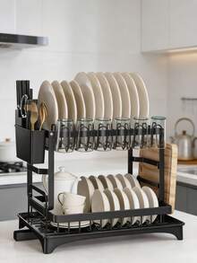 1 Set Removable Dual-Layer Dish Drying Rack, Suitable For Over Sink, Large Capacity Draining Rack Set Includes Dish Rack, Cup Rack, Draining Board, Adhesive Rack And Cutlery Rack - Multicolor - View 4