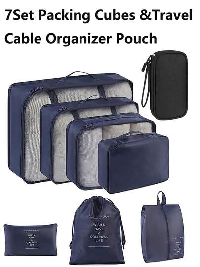 7 Set Packing Cubes& Travel Cable Organizer Pouch Set Various Sizes Latest Double-Sided Water-Resistant Packing Organizer For Travel Accessories Luggage Carry On Suitcase Durable Travel Essentials Bags Set Travel Cable Organizer Pouch Electronic Accessories Carry Case Portable Waterproof Double Layers All-In-One Storage Bag For Cord, Charger, Phone, Earphone Black