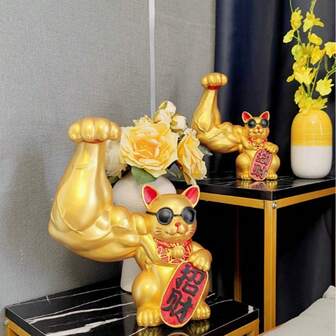 1pc, Powerful Muscle Cat Figurine - Handcrafted Resin, Timeless Classic Design, Durable And Sturdy - Elevate Your Home Office Desk Or Foyer With A Whimsical Ornament