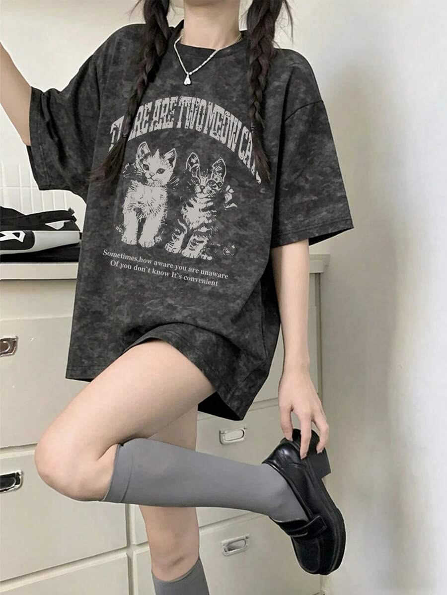 Japanese Style Women's Loose Round Neck Fashionable Versatile Letter & Cartoon Cat Print Tie-Dye Short Sleeve T-Shirt, Spring/Summer - Black - View 1