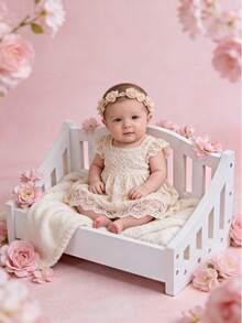 New Wooden Newborn Photography Props 100 Days Baby Photo Shoot Vintage Infant Wooden Bed Photography Accessories, Newborn Solid Wood Bed Photography Props, Removable Baby Solid Wood Original Wood Bed Photo Studio Props - 彩色 - 查看 6