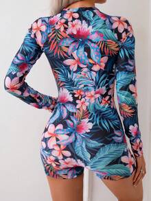 Women's Tropical Floral Print Long Sleeve High Neck Zipper Swimsuit With Shorts Sporty Polyester Medium Stretch Diving Suit - Nhiều màu - Xem 2