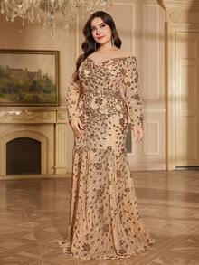 hezixi Elegant High-End Round Neck Plus Size Tulle & Sequin Splice Long Sleeve Gown, Stretchy Fitted Mermaid Style Wedding Party Fall - Champagne - View 7