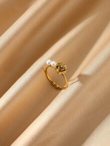 1 Peça Anel Vintage Elegante de Rosa para Mulheres, Banhado a Ouro 18K, Aço Inoxidável, Flor de Pérola e Zircônia, Anel de Casamento Feminino, Presente do Dia dos Namorados 2026