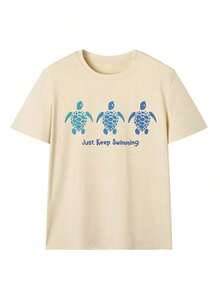 Ladies' New Spring And Summer Turtle Print Casual Round Neck Blue Short Sleeved T-Shirt With Fashionable Vacation Style Suitable For Daily Vacation Wear. Pink Top Black Top Graphic Tees Women2026 - 杏色 - 查看 4