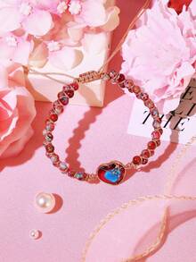 1pc Women's Handmade Adjustable Double-Layer Heart-Shaped Imperial Stone Bracelet, Suitable As Holiday Gift For Girlfriend - Multicolor - View 6