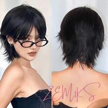 Edgy Wolf Tail Style Wig,Short Black Shaggy Pixie Wig With Bangs - Retro Business & For Halloween Cosplay Hairpiece, 6-Inch 180% Density Human Hair, Secure Fit Cap, Versatile Hairpiece For Parties & Casual Attire - Natural Black - Xem 8