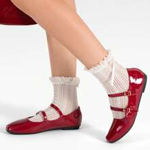 WEIDE zapatos mujer flats Flats Ballerina de charol con doble correa, Flats De Dama elegantes Flats Rojos y flats negros mujer, combinan con faldas y jeans, ideales para oficina, campus y salidas casuales, estilo Flats De Dama Elgantes y flexi flats - Rojo - Ver 3