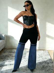 Y2K Streetwear Patchwork Wide Leg Pants For Women High Waist Stretch Black Top With Washed Denim Flared Bottom And Decorative Belt Straps - 藍色 - 查看 4