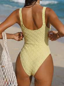 2026 New Women's Yellow Floral Jacquard V-Neck One-Piece Swimsuit With Metal Strap Decor, Beach Holiday Outfit, Suitable For Valentine's Day, Carnival Vacation Summer - Yellow - View 2
