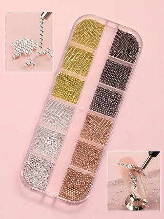 12 ranuras Mini perlas de caviar decoraciones de arte de uñas, set de colores mixtos, adecuado para decoración de uñas, colgante redondo micro de plata y oro, uñas de gel, suministros de arte de uñas