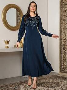 Women's Solid Color Round Neck Elegant Long Sleeve Maxi Arabic Dress With Rhinestone, Pearl Embellishments, Waist Tie Design, Soft & Comfortable, Suitable For Festivals, Daily, Casual Wear - Royal Blue - View 4