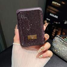 1 suport magnetic pentru carduri de telefon cu paiete și diamant, drăguț, compatibil cu carduri bancare, carduri de credit, acceptă până la 3 carduri, design strălucitor cu diamant și piele ecologică, ideal pentru Crăciun, Ziua Îndrăgostiților și alte cadouri de sărbători