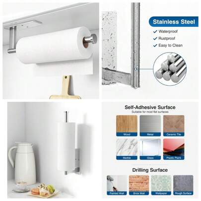 Under Cabinet Paper Towel Holder Stainless Steel Wall Mount Paper Towel Dispenser Self Adhesive Or Drill Mount Kitchen Roll Holder Organizer Storage