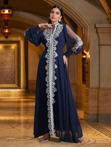 Women's Elegant V-Neck Embroidered Splicing Hollow Sleeve Long Dress, Modest Kaftan