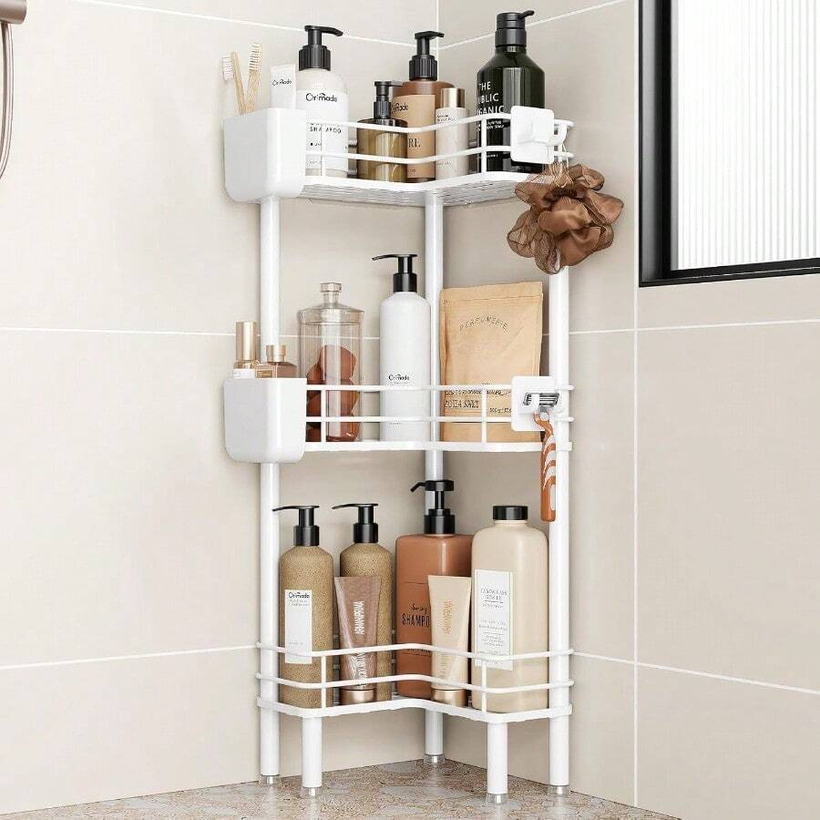 Orimade Rustproof 3 Tier Floor Standing Corner Shower Caddy Organizer With Toothbrush Holder Large Spacing Floor Shower Shelf Rack Storage Stands With Hooks For Bathroom Kitchen White - 三級 - 查看 1