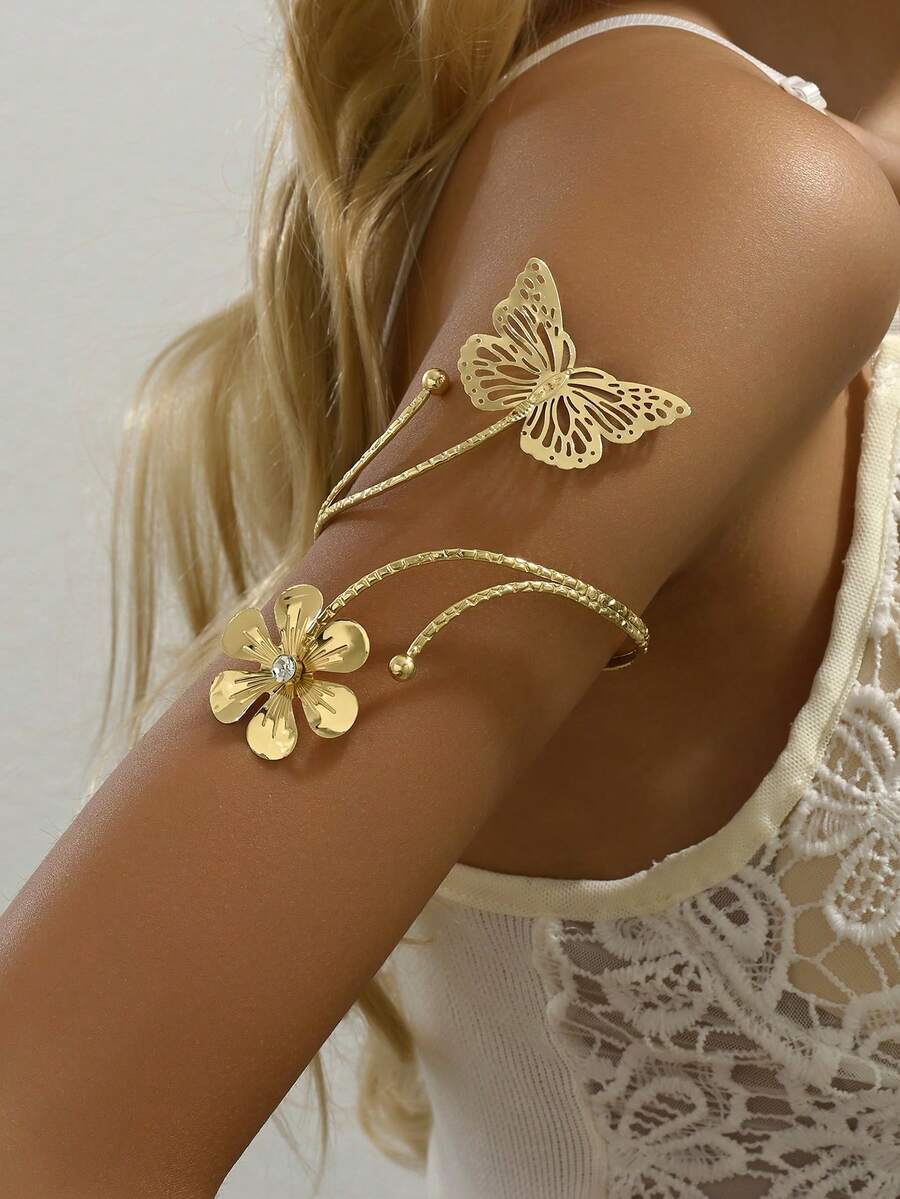 1pc Women's Metal Butterfly Creative Design Niche Fashion Armband, Suitable For Daily Wear (Butterfly Hole Random) - Gold - View 1