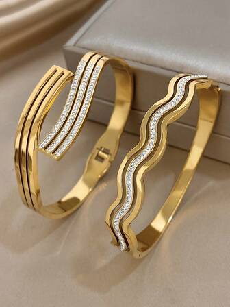 几何波浪多层手链，女士水钻金色手链，可叠戴不锈钢手链，适合日常佩戴、派对首饰、圣诞套装、礼品