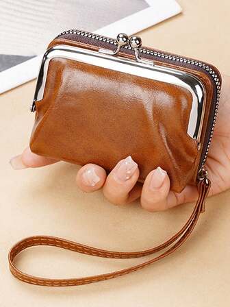 1 st retro och trendig väska med kort, myntväska med spänne för kvinnor, 10 cm dragkedja, handhållen väska med bärrep för enkel transport, kan hålla växel, mynt och kort