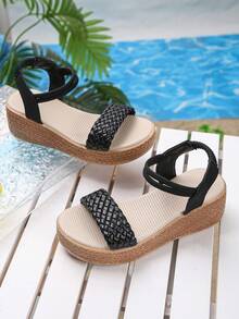 1 par de sandálias femininas casuais de verão com sola grossa, tamanho um número menor, sandálias leves e confortáveis de tecido para uso diário ao ar livre. - Preto - Ver 6