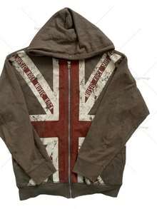 Vintage British Rock Hoodie - Distressed Union Jack Print With Music Theme Typography, Unisex Zip-Up Featuring Faded National Emblem - 咖啡色拉鍊開襟衫 - 查看 2